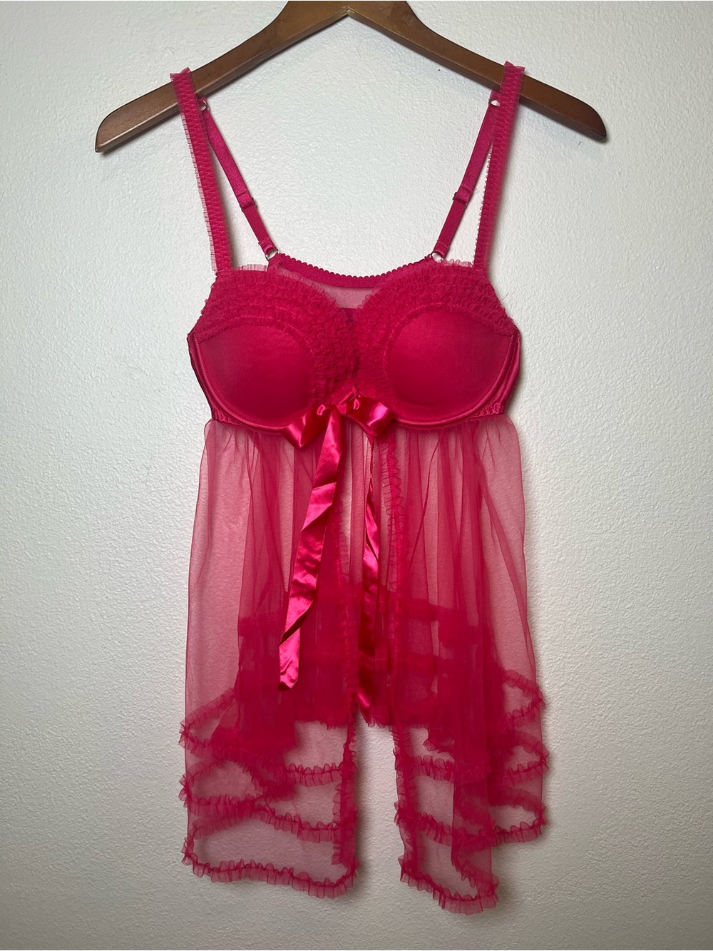 Victoria's Secret Vintage Hot Pink Sheer Lace Babydoll Chemise